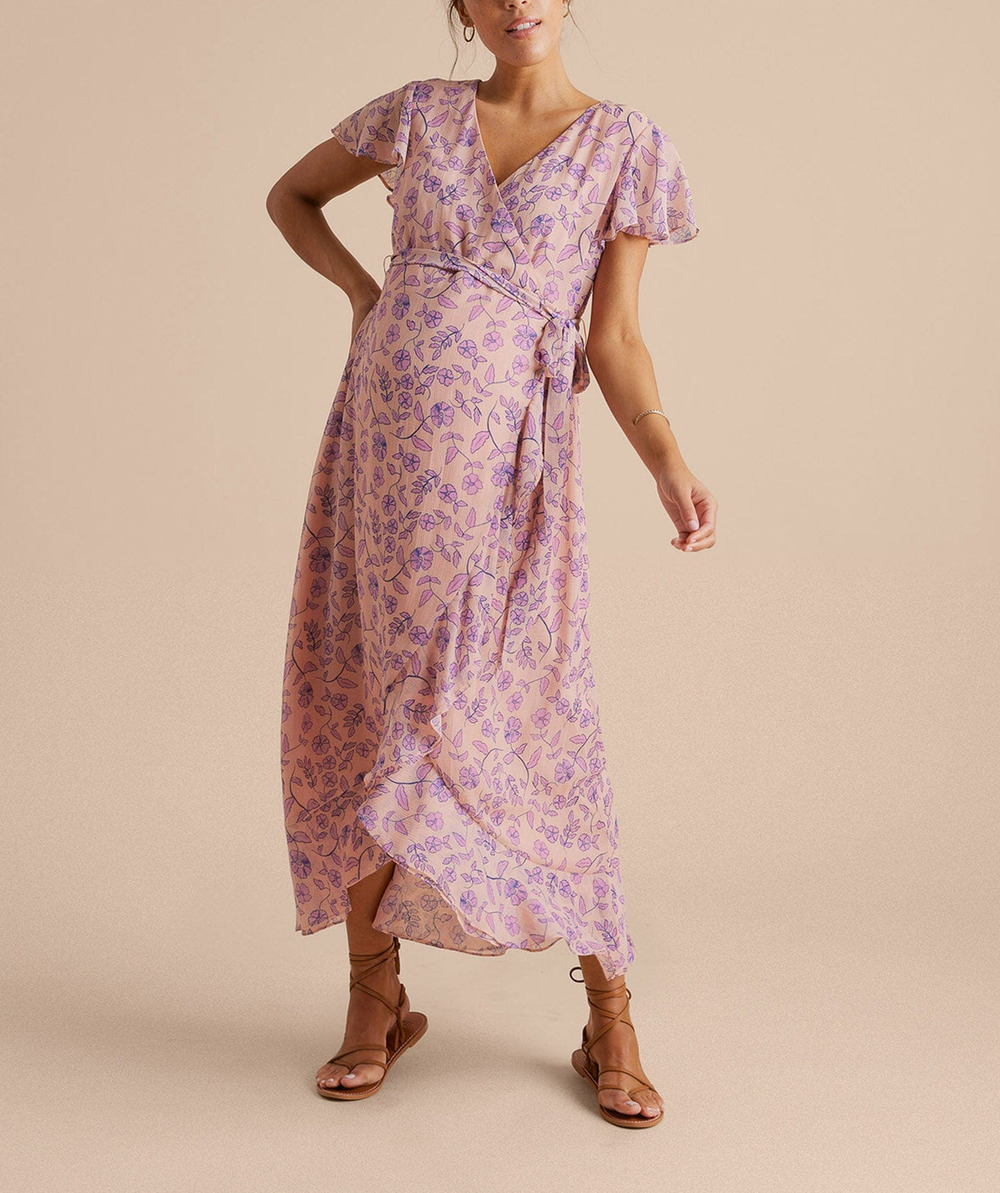 HATCH X A Pea In The Pod Feminine Peach Floral Flutter Sleeve Wrap Dress Size S